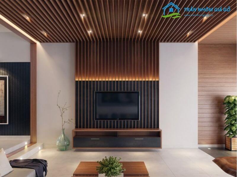 Trần nhôm vân gỗ phòng khách giúp nâng tầm thẩm mỹ không gian